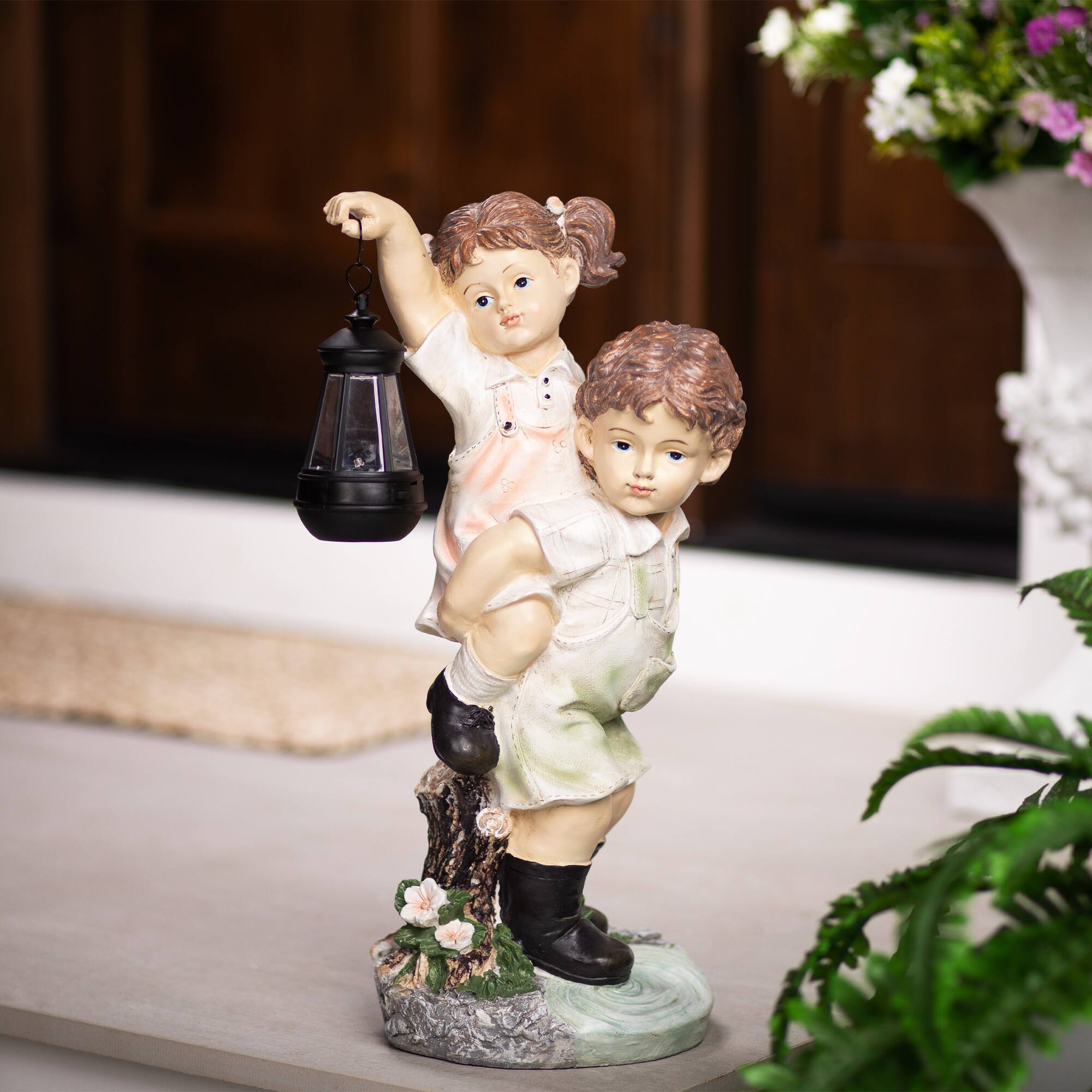 LED Solar Lighted Boy and Girl with Lantern Outdoor Garden Statue - 19.5"